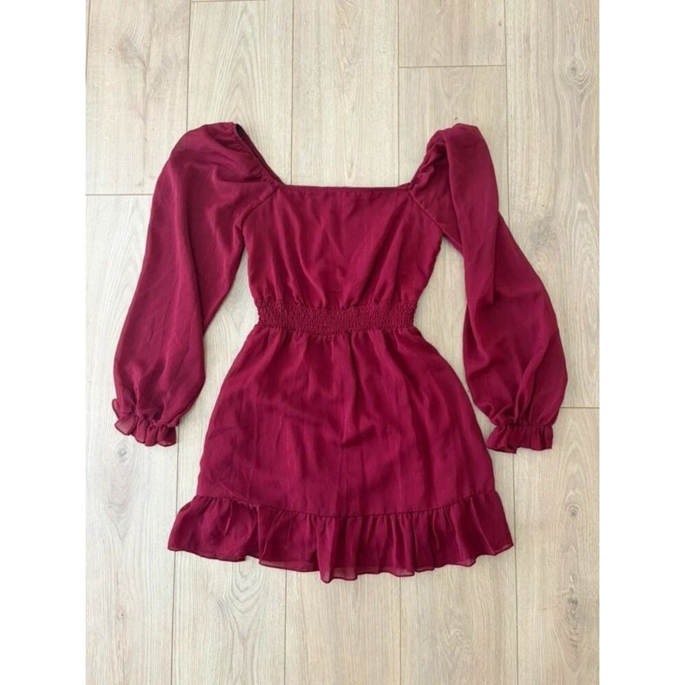 Altar’d State Burgundy Puff Sleeve Ruffle Mini Dress Size Small